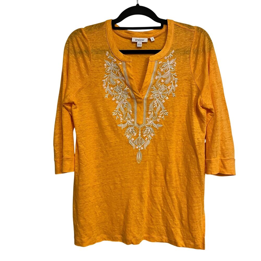 Chico's Top Embroidered Shirt Orange White Floral 100%‎ Linen V Neck Size 1 Med